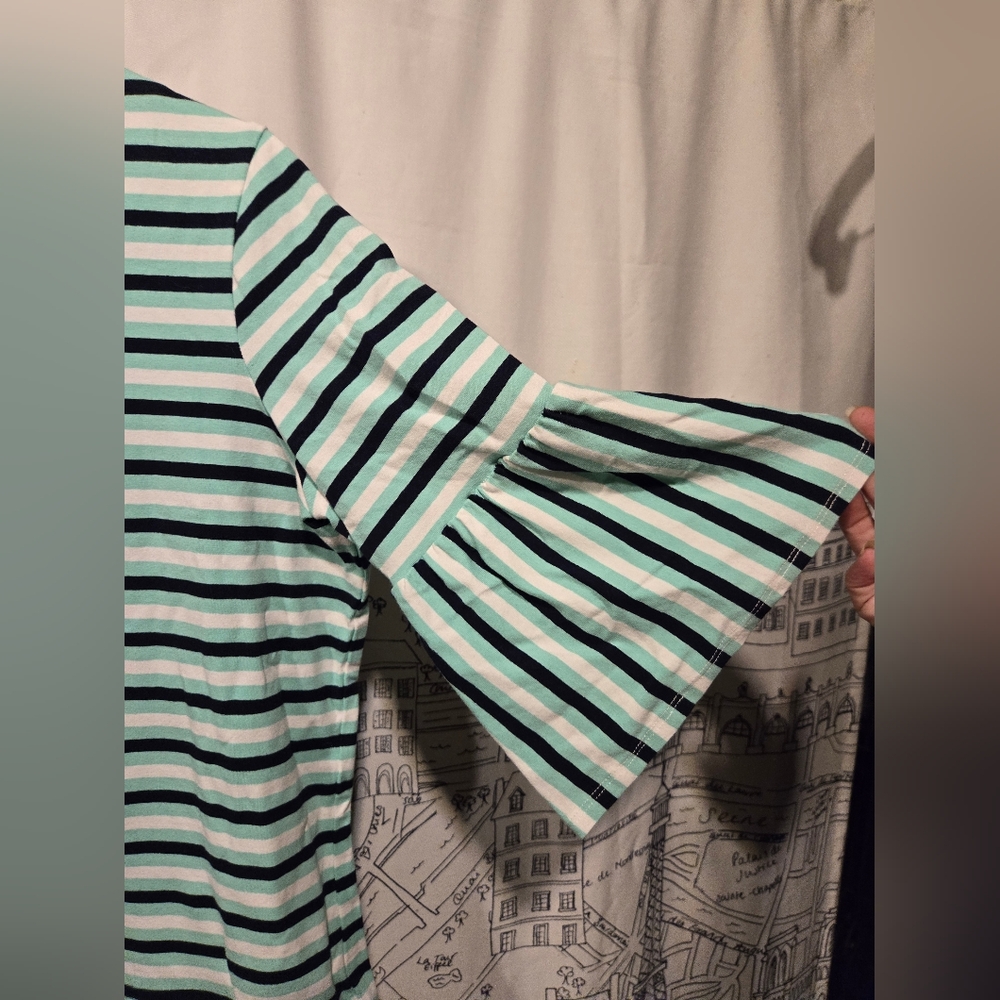 NWOT Women's Ruby Rd Striped Bell Sleeve Top Teal Black White Size Medium - Picture 4 of 10